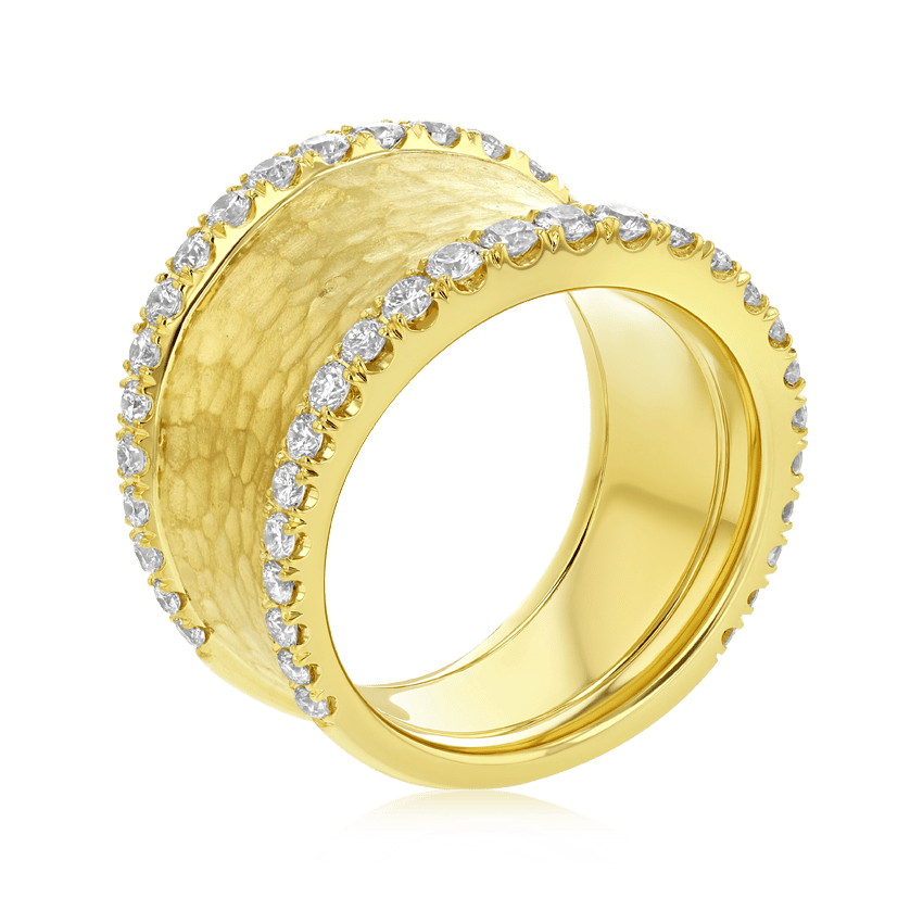 Concave Hammered Gold Ring with Diamond Trim - XO Jewels